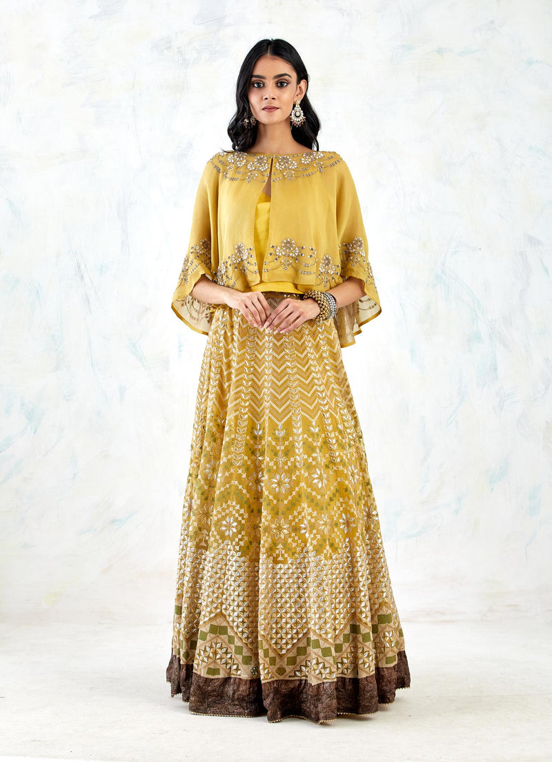 Yellow Cape With Skirt with Bead Work And Gota Patti With Cross Stitch Embroidery