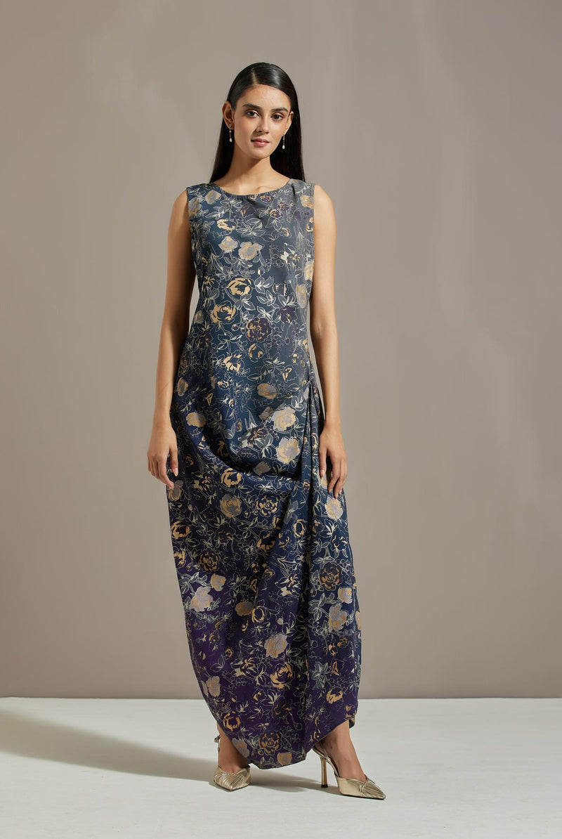 Blue Crinkle Floral Printed Dress