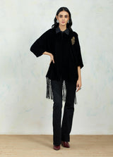 Black Velvet Shirt With Tassel Border And Embellished Zardozi Brooch