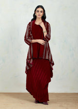 Velvet Jacket Cape In Zari Embroidery Paired With Crinkle Velvet Paired Dress