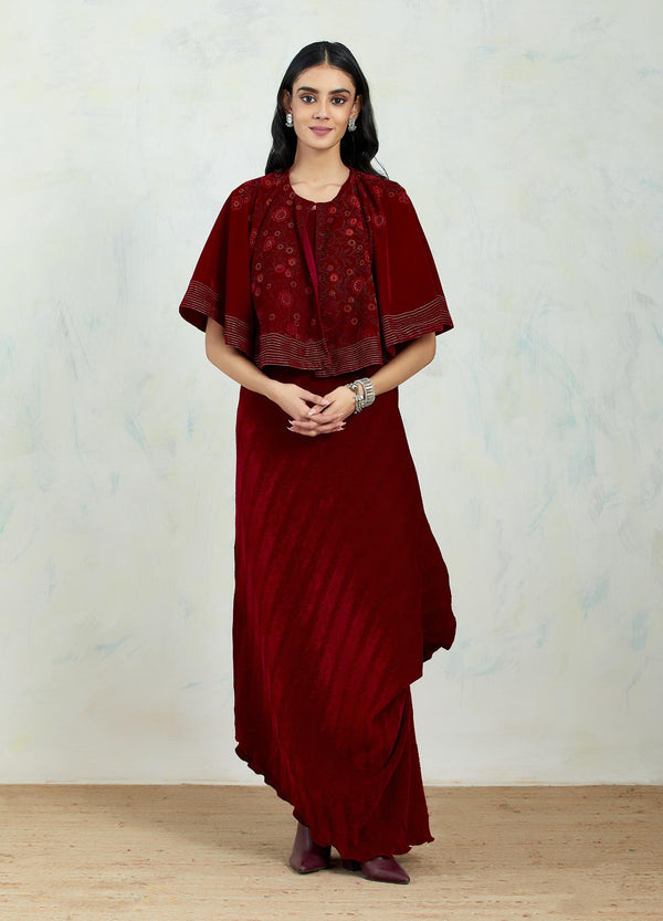 Maroon Circular Velvet Hand Block Printed Cape Paired With Crinkle Drape Dress