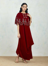 Maroon Circular Velvet Hand Embellished Cape Paired With Crinkle Drape Dress