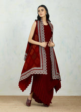 Maroon Velvet Cape In Hand Block Print And Zari Embroidered Border Paired With Crinkle Drape Dress