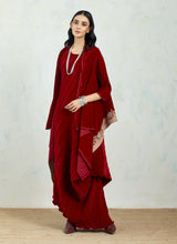 Maroon Velvet Cape Jacket In Cross Stitch Rose Embroidery Border Paired With Crinkle Drape Dress