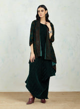 Hand Block Printed Velvet Jacket Cape Paired With Crinkle Drape Dress