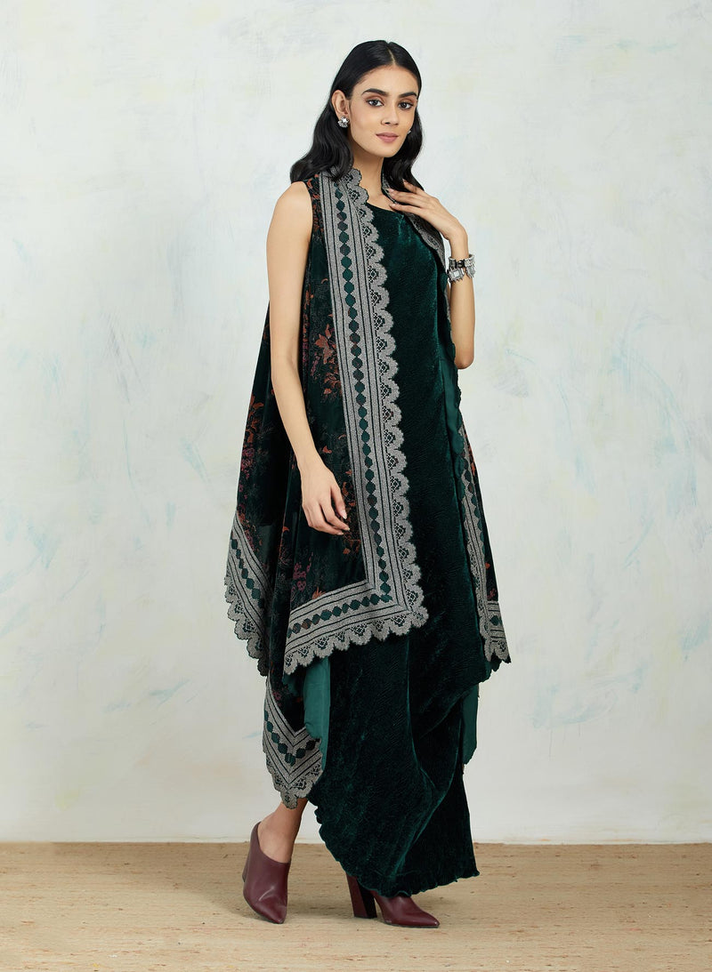 Velvet Jacket Cape In Scallop Zari Embroidery And Block Print Paired With Velvet Drape Dress