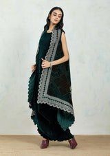 Jacket Cape In Scallop Zari Embroidery And Block Print Paired With Velvet Drape Dress