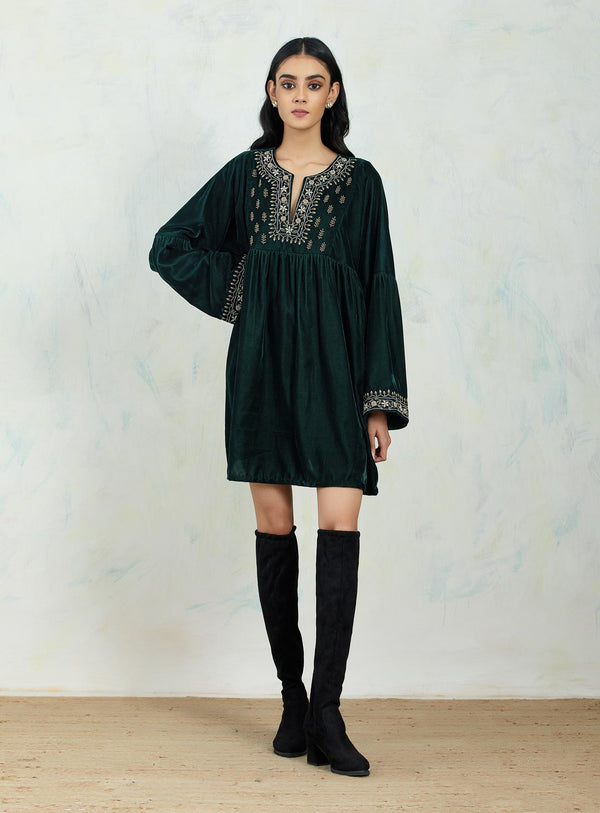 Emerald Boho Tunic In Velvet With Intricate Hand Embroidery
