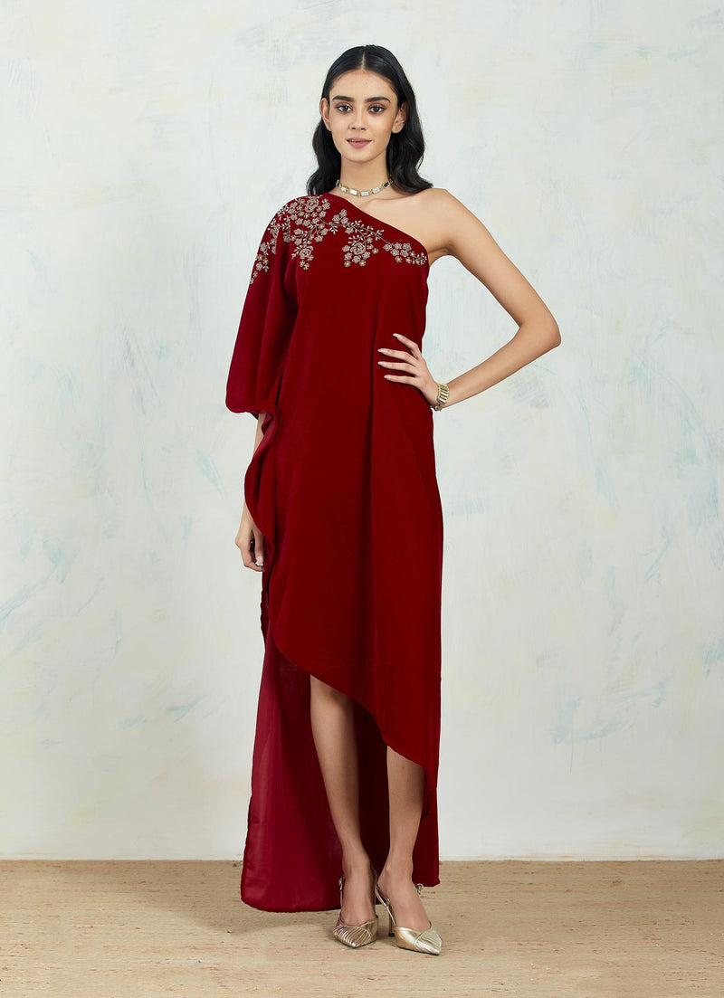 One Shoulder Velvet Asymetric Dress Embellished With Intricate Hand Work