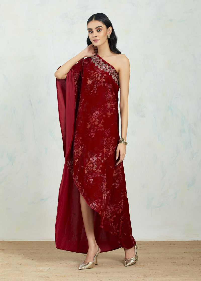 One Shoulder Asymetric Dress Embellished And Hand Block Printed
