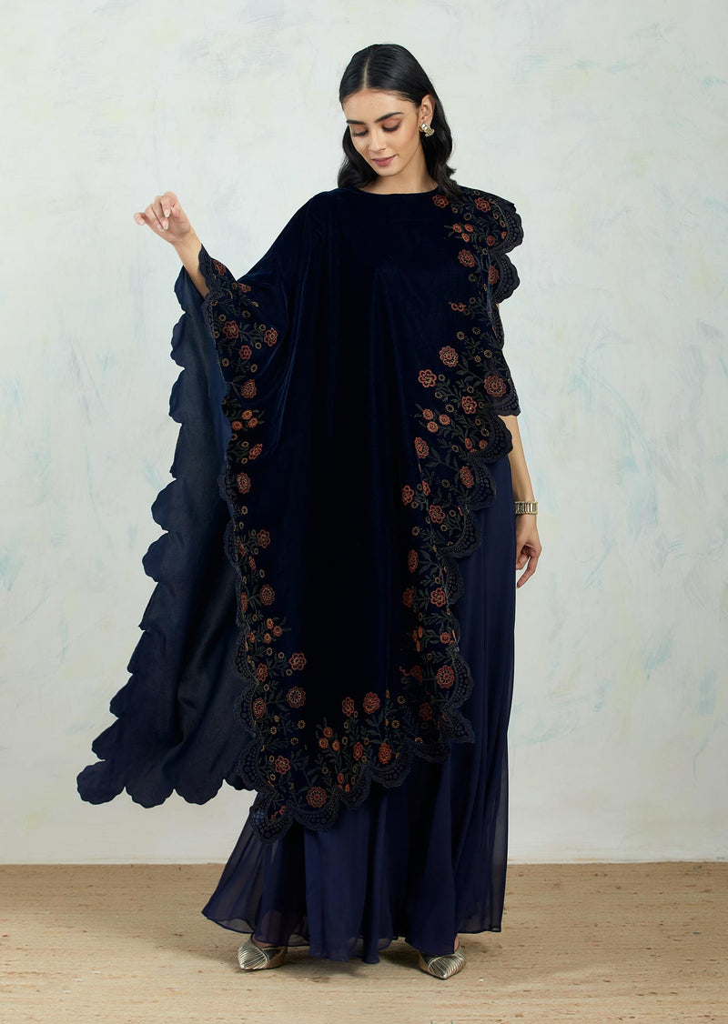 Asymetric Velvet Cape In Hand Block Printed Scallop Border Paired With Chiffon Panelled Sharara