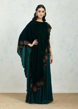 Asymetric Velvet Emerald Cape In Hand Block Printed Scallop Border Paired With Chiffon Panelled Sharara