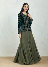 Emerald Green Embroidered Cape Paired With Gold Green Textured Mesh Skirt