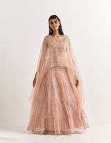 Pink Cape With Tiered Skirt In Organza