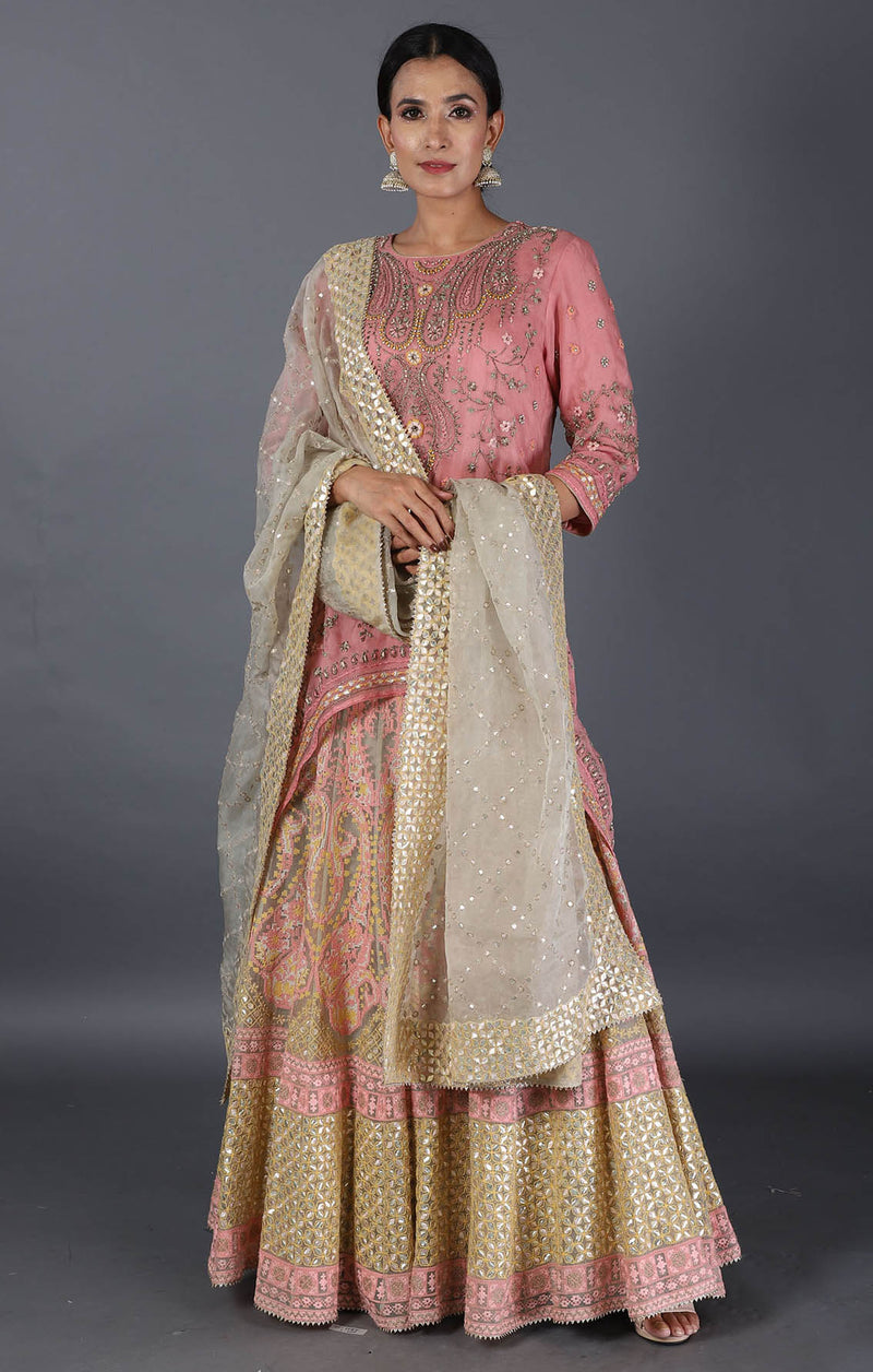 Salmon Pink High Low Kurta With Sharara Set