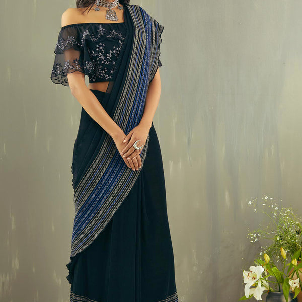 TEAL BLUE AND BLACK COMBINATION NIRMANA DESIGNER SAREE FOR WOMEN -NIRM –  www.soosi.co.in