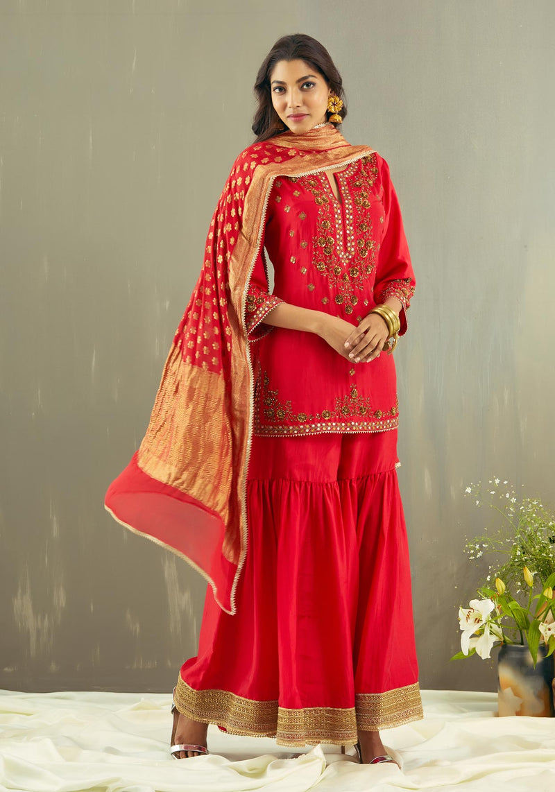 Red Gota Pati and Sequin Kurta Sharara Set