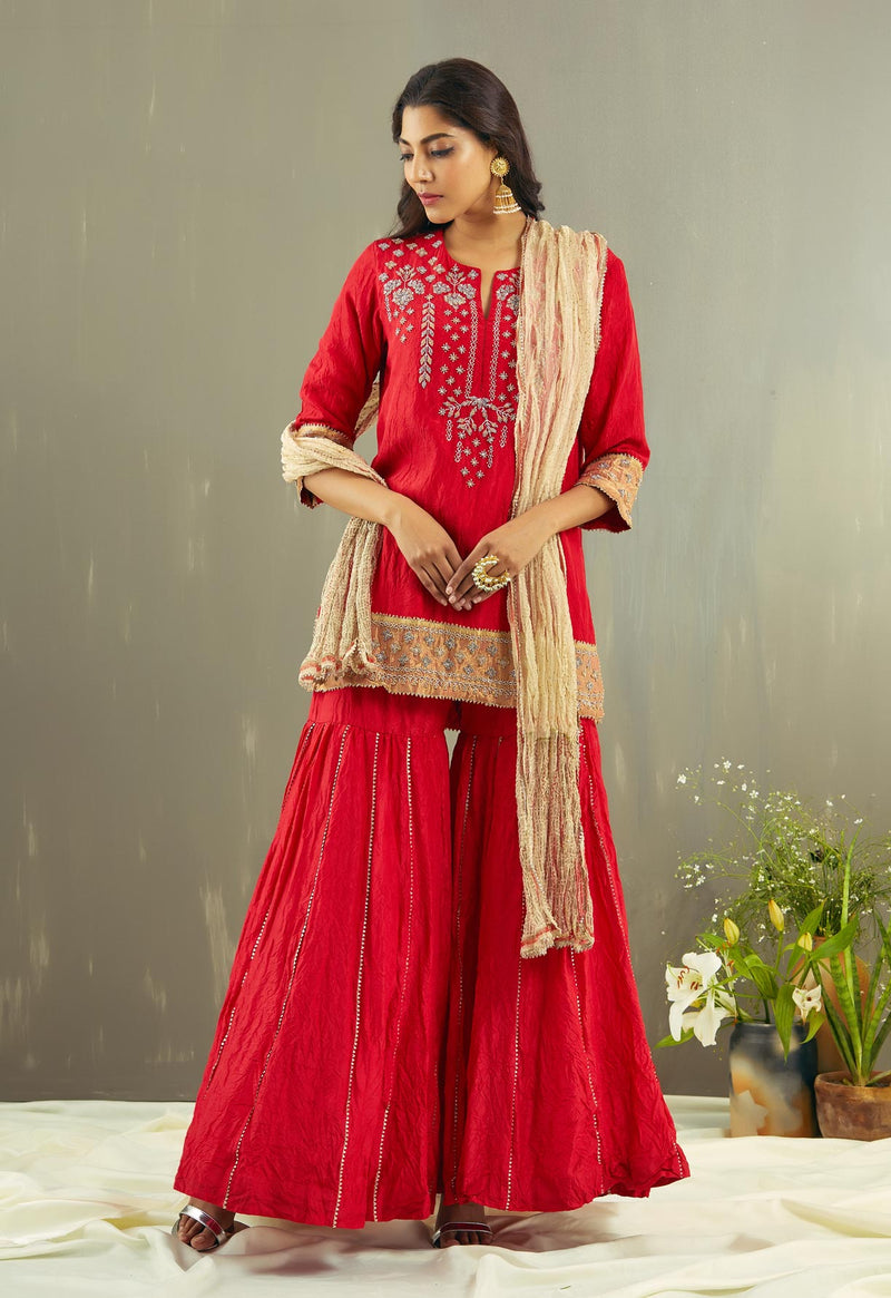 Red Kurti and Sharara with a Crushed Dupatta