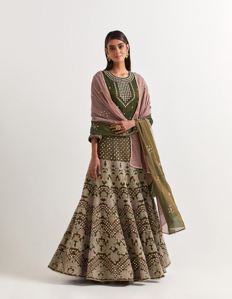 Bottle Green Top With Skirt In Tissue Chanderi