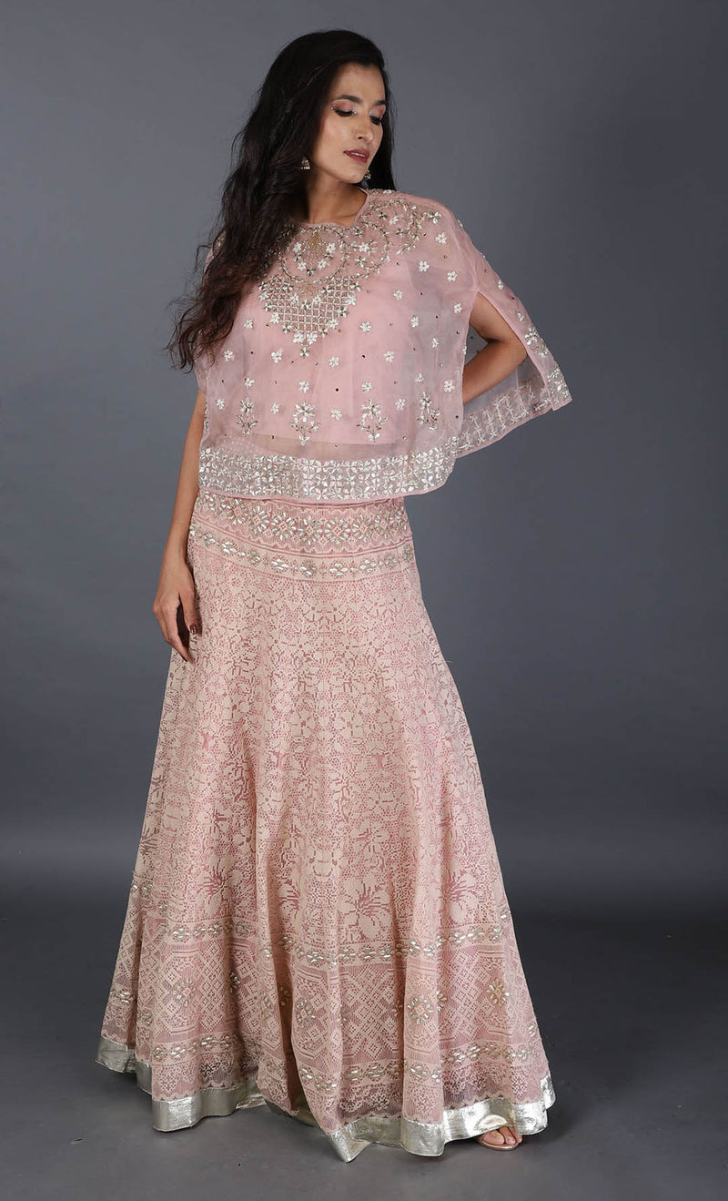 Candy Pink  Hand Embroidered Circular Cape With Lehenga Skirt