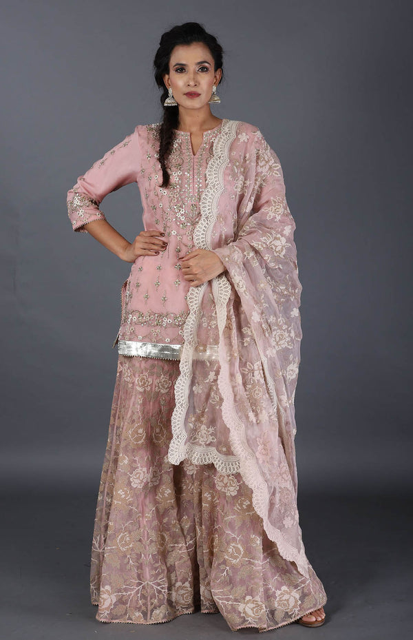 Salmon Pink High Low Kurta With Sharara Set