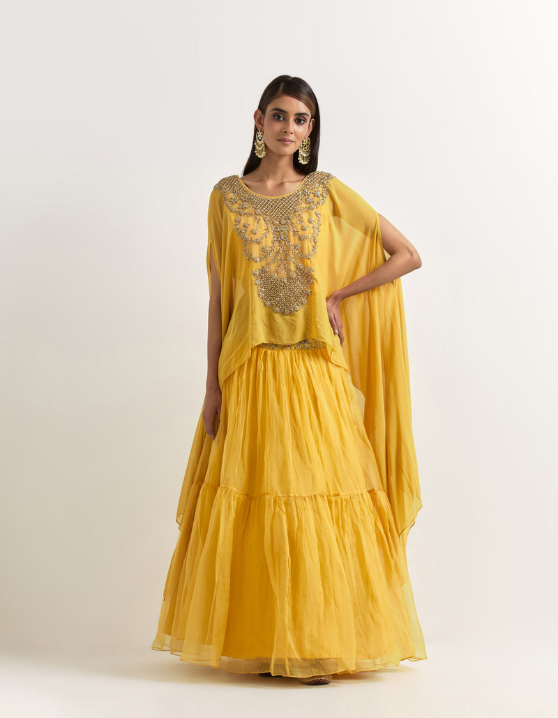 Yellow Cape With Tiered Skirt In Georgette and Organza