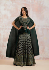 Bottle Green Crinkle  Georgette Cape Cape With Skirt