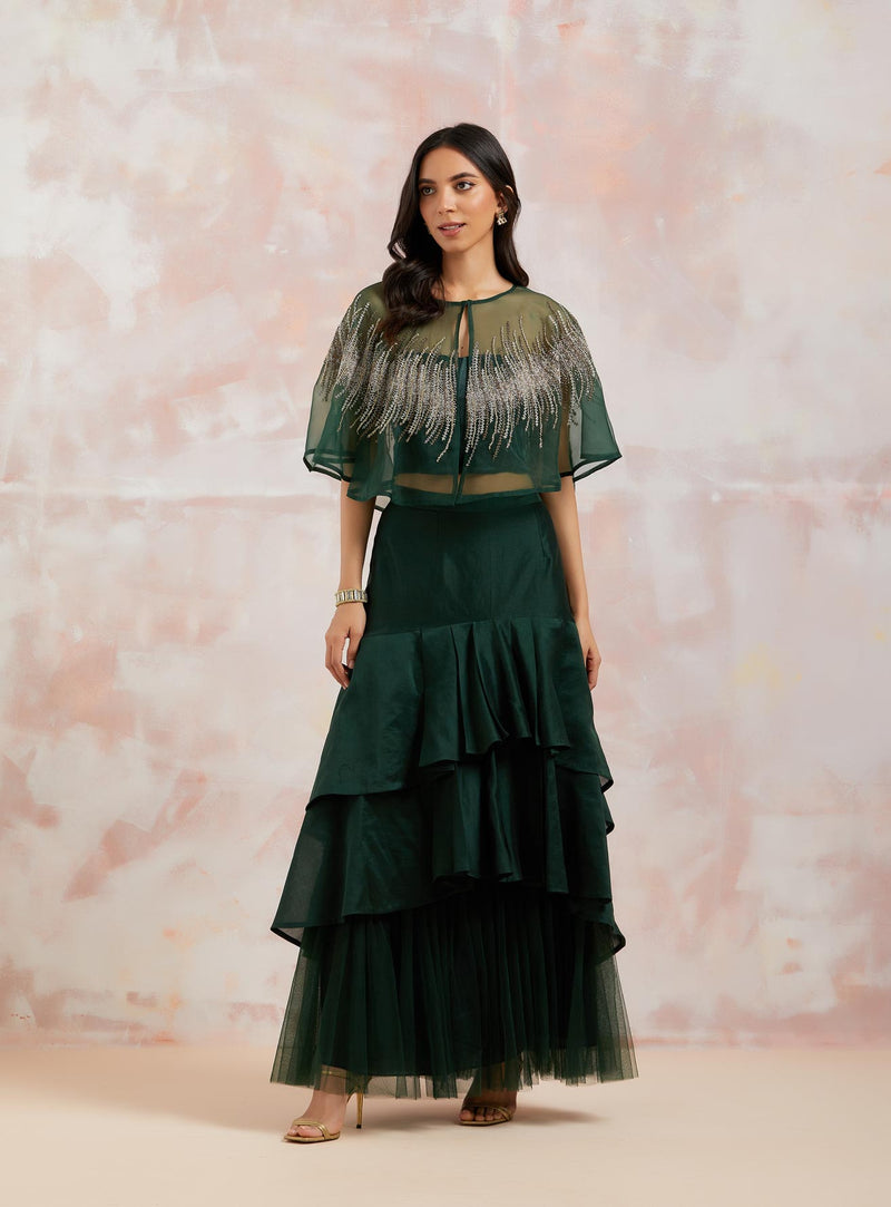 Green Organza Top With Chanderi Skirt
