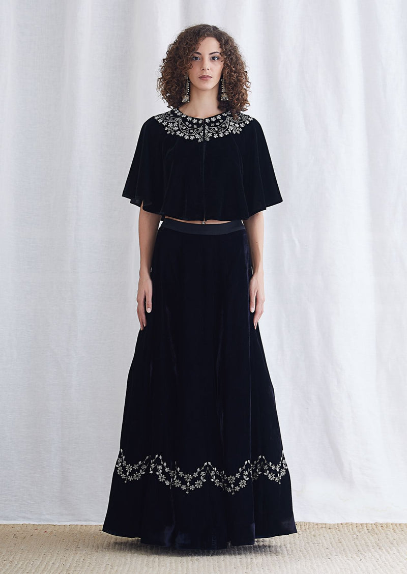 Black Embroidered Velvet Skirt Set