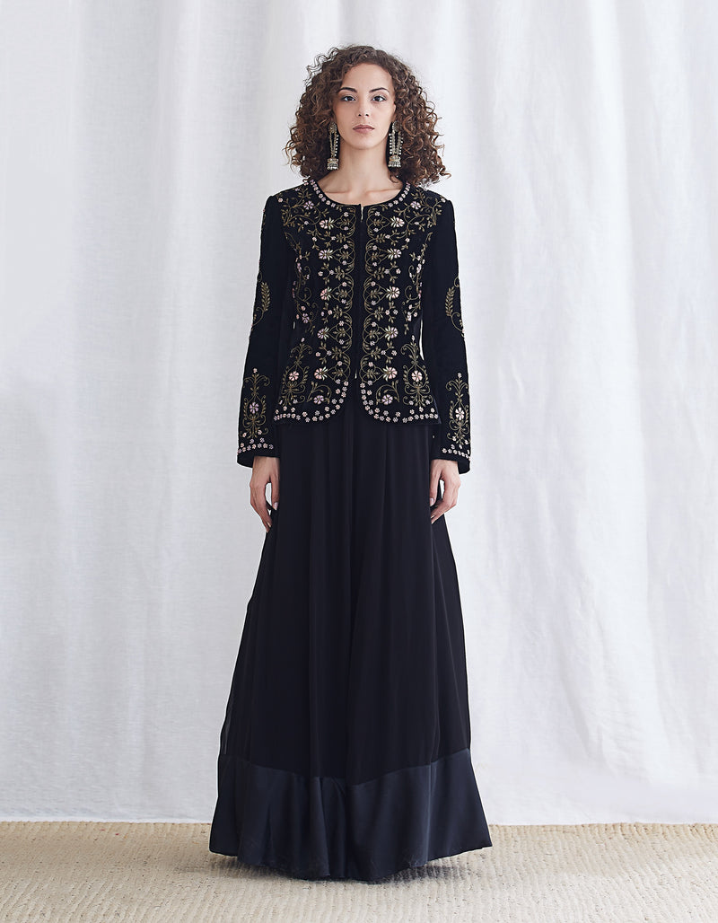 Black Embroidered Velvert Jacket with Skirt