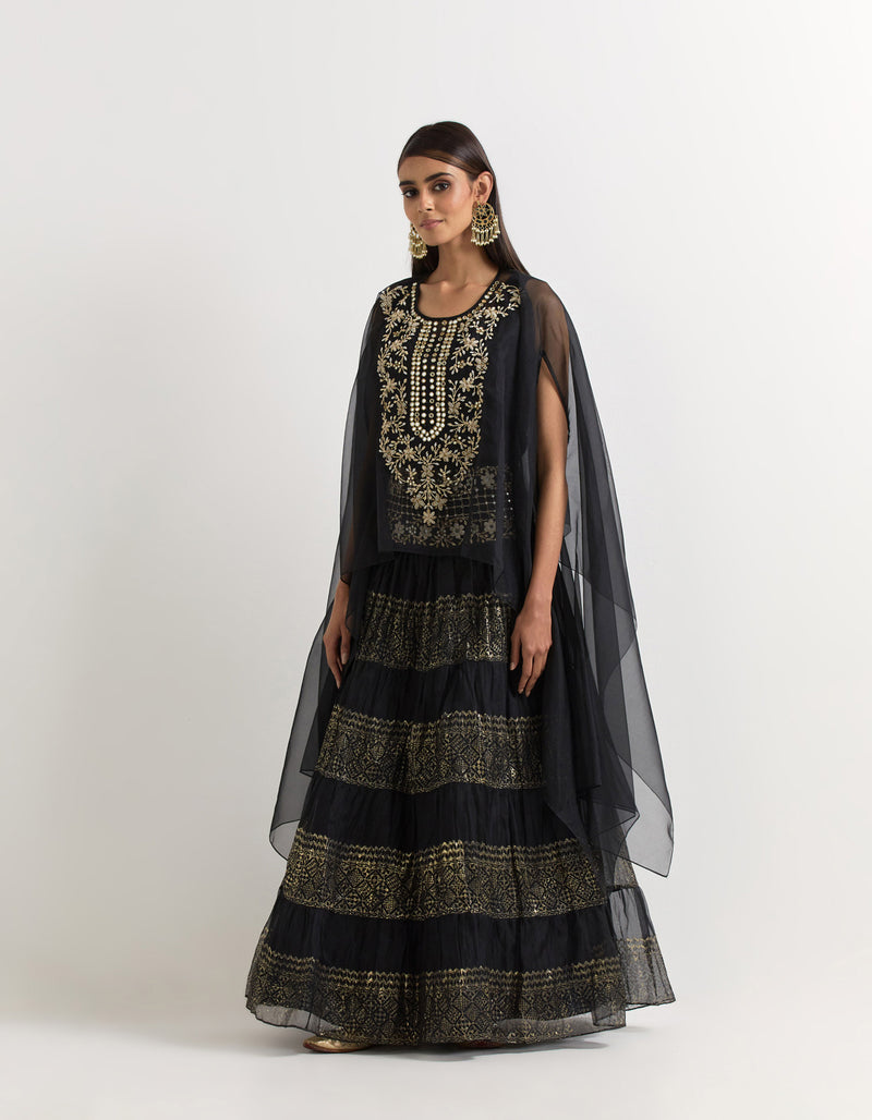 Black Cape With Tiered Skirt In Organza
