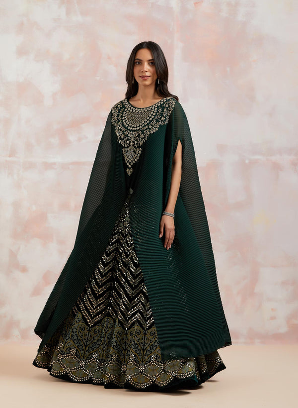 Bottle Green Crinkle  Georgette Cape Cape With Skirt