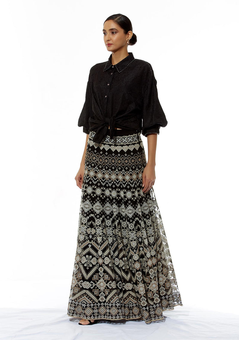 Black Shirt and Skirt Set with Patola Inspired Cross Stitch Embroidery