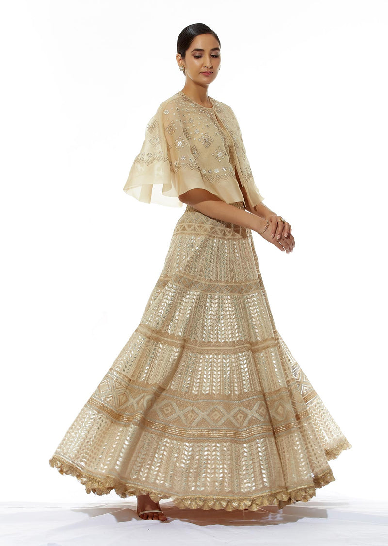 Beige Cape with Gota Patti Wok and Lehenga Skirt