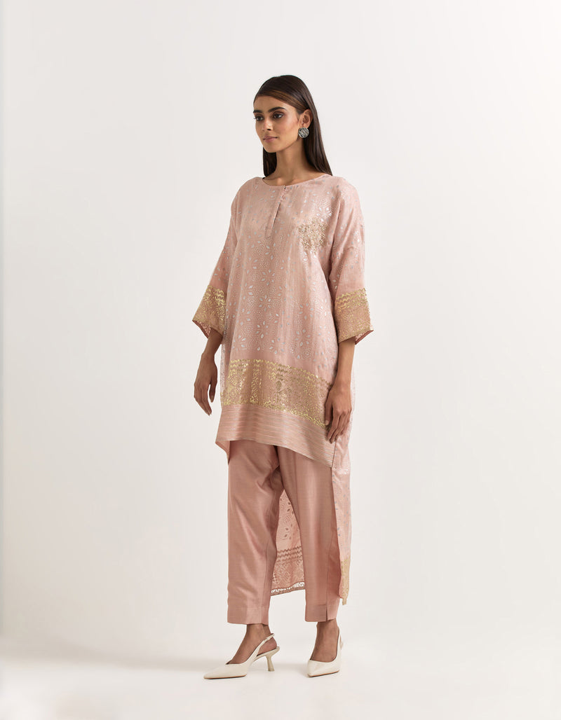 Pink High Low Tunic With Pants In Organza and Chanderi