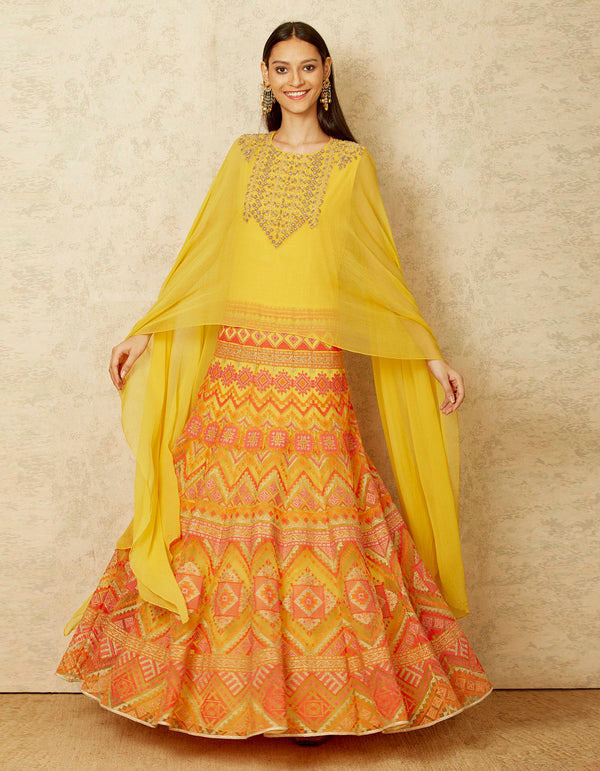 Mustard Yellow Floor Length Dress with a Cape