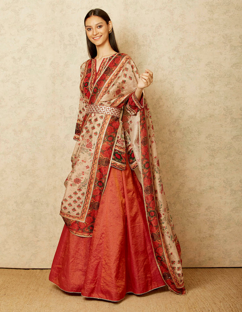 Maroon and Beige Chintz Printed Lehenga Set with a Belt