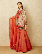 Beige and Maroon Printed Chintz Lehenga Set