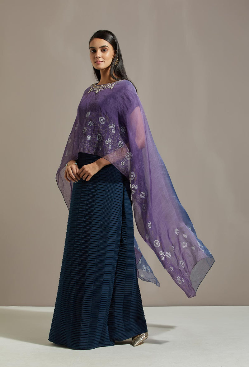 Blue Organza Printed Cape With Dress