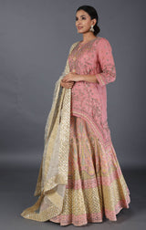 Salmon Pink High Low Kurta With Sharara Set