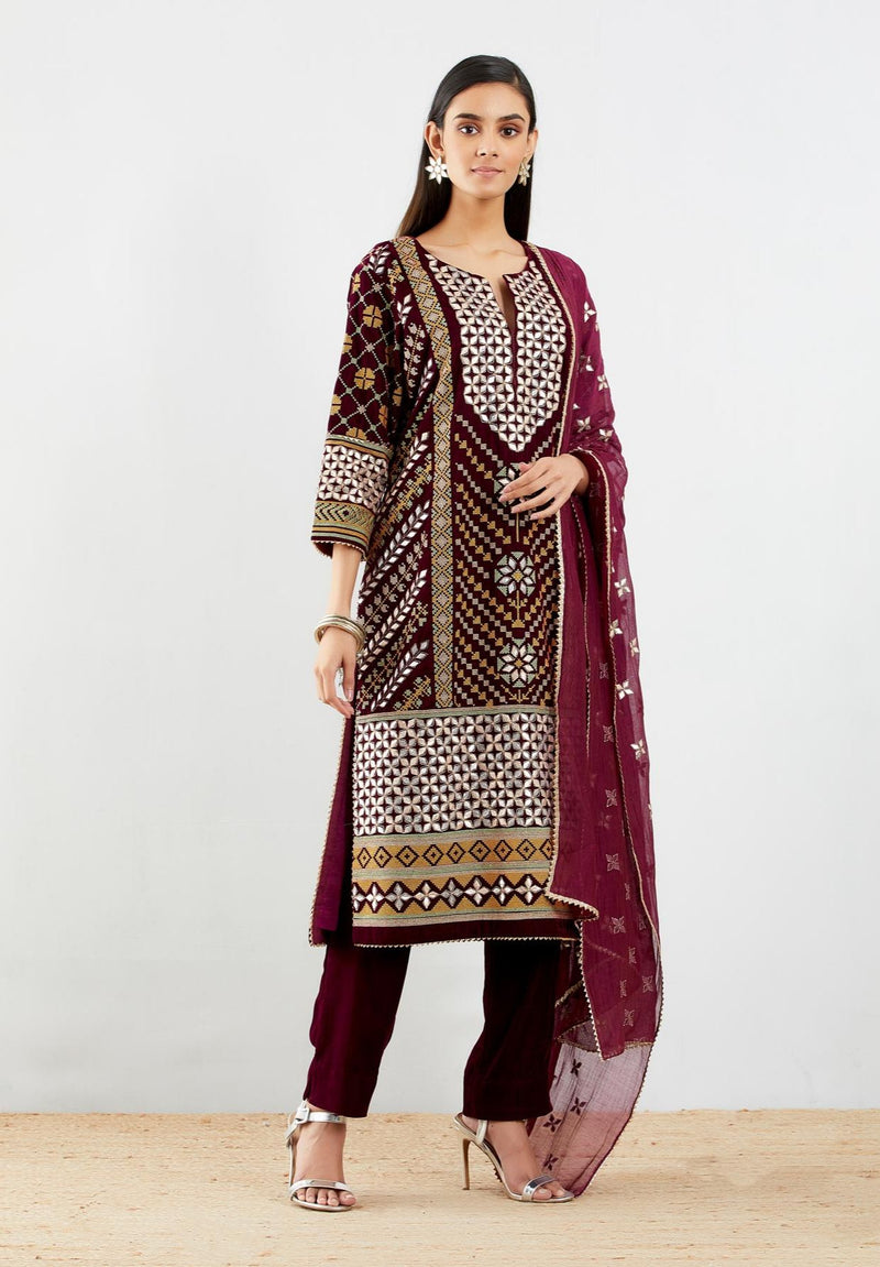 Wine Velvet Kurta Set with Gota Work