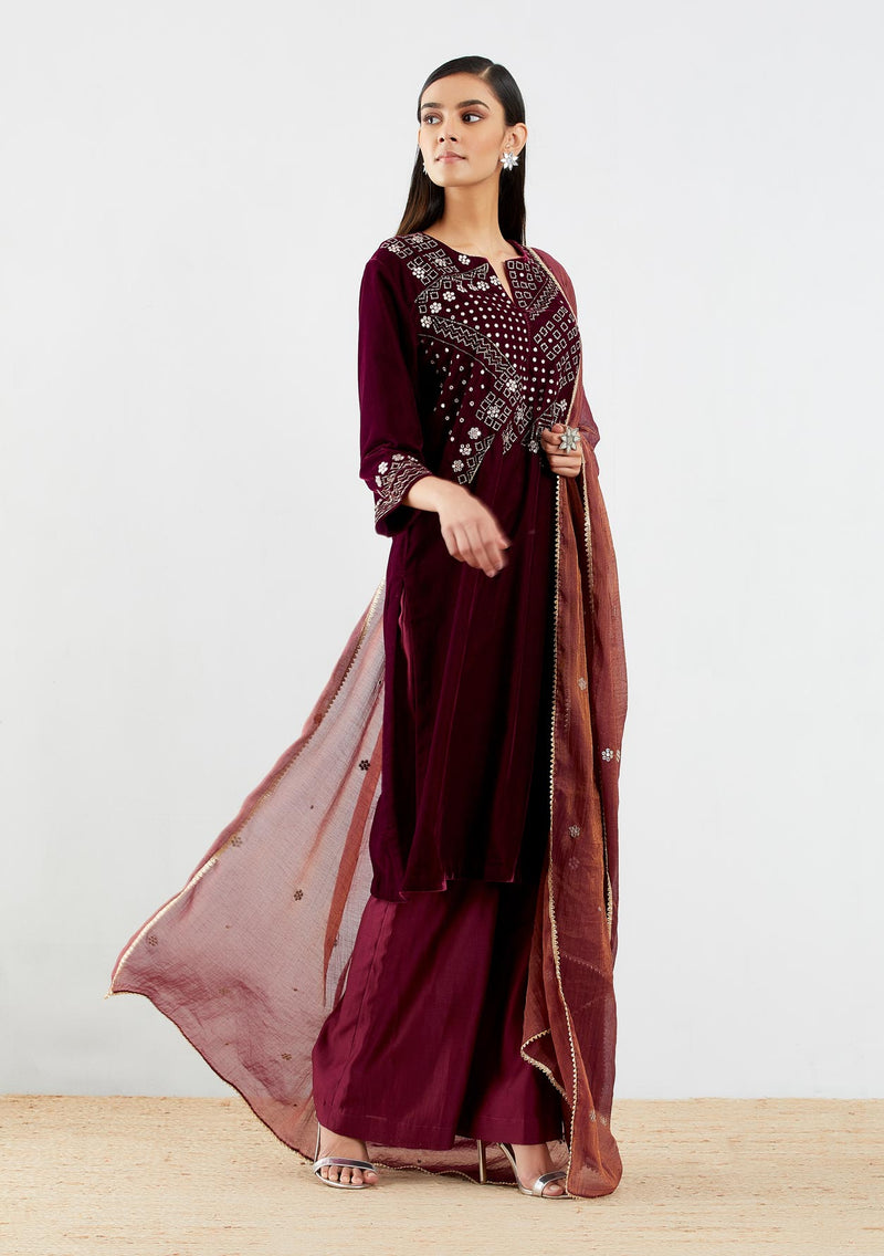 Wine Straight Velvet Kurta Set with Mirror Work