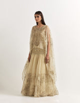 Beige Cape With Tiered Skirt In Organza