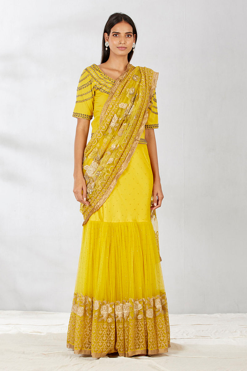 Yellow Hand Embellished  Blouse With Lehenga Saree