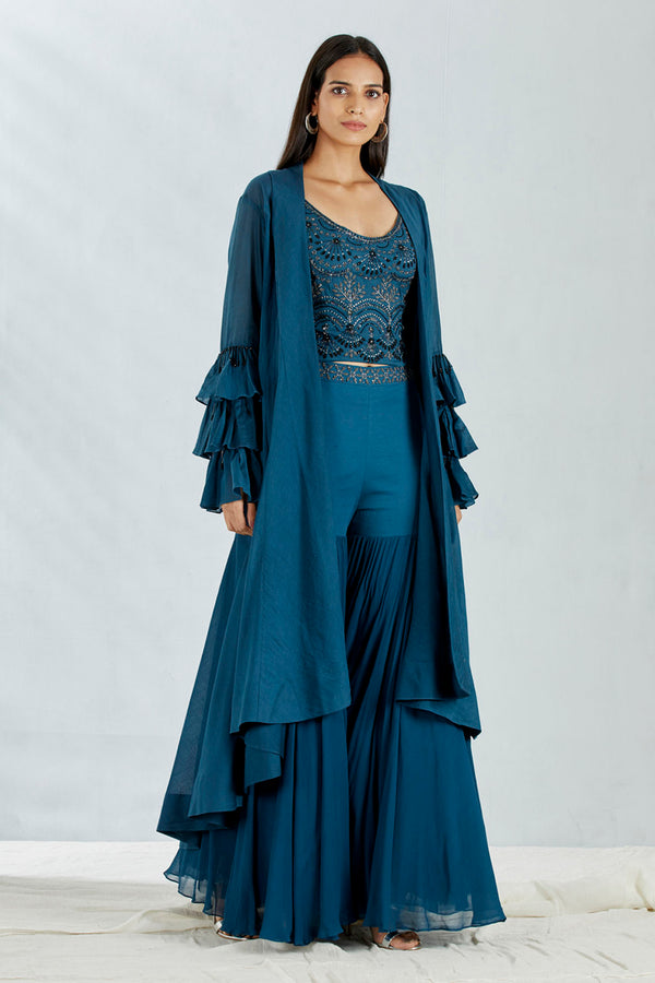 Blue Spaghetti Top With Cape And Sharara