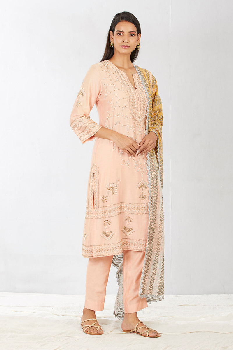 Peach Hand Embroidered Kurta Set