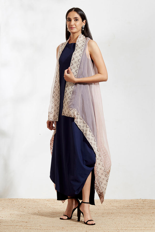 Indigo Cowl Dress With Cape