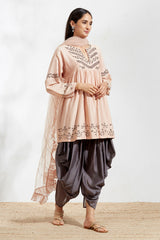 Nude Boho Tunic With Grey Dhoti Pants Set