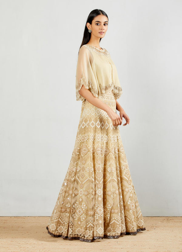 Organza Cape In Pearl Embroidery Paired With Cross Stitch Embroidered Mesh Lehnga