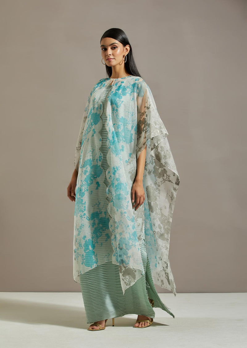 Powder Blue Organza Printed Cape With Dress